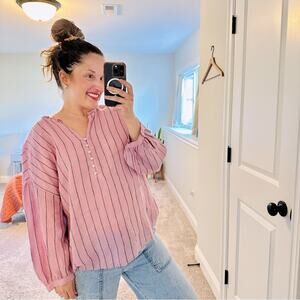 J. Jill Love linen Pink Striped Henley Blouse Top XL